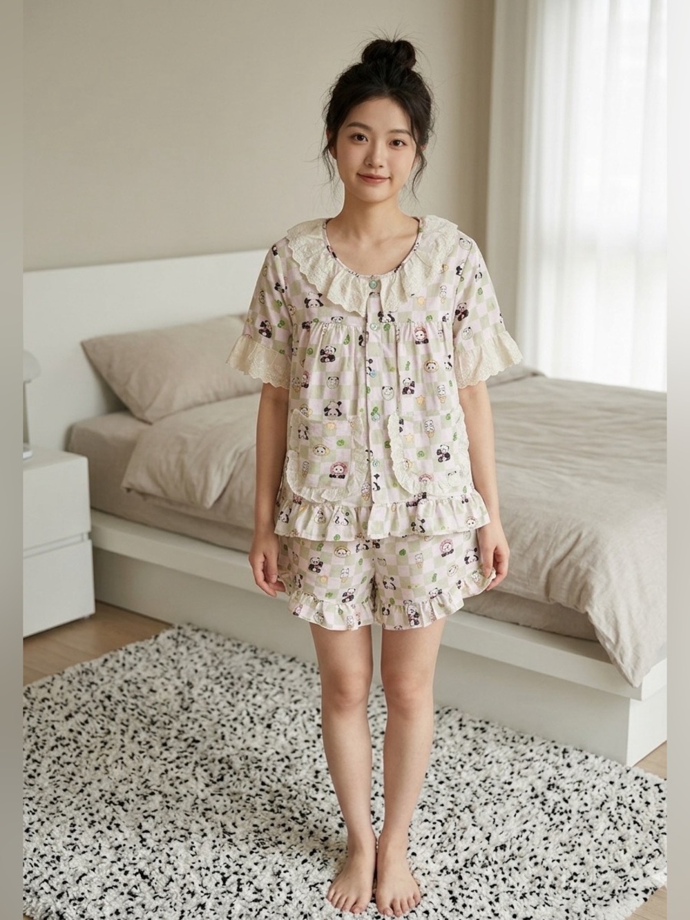 Women's‎ Pink Floral Ruffle Short Pajama Set size M